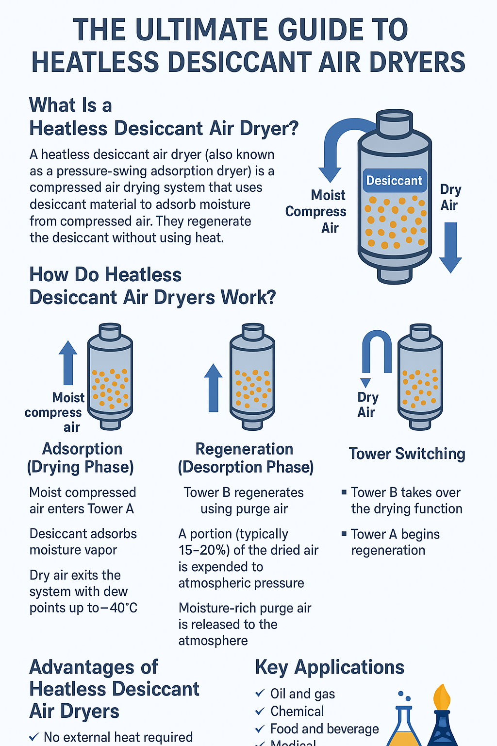 Infographic ultimate guide to heatless desiccant air dryers, explaining adsorption drying, purge-air regeneration (15–20%), tower switching, and achieving dew points down to −40°C.