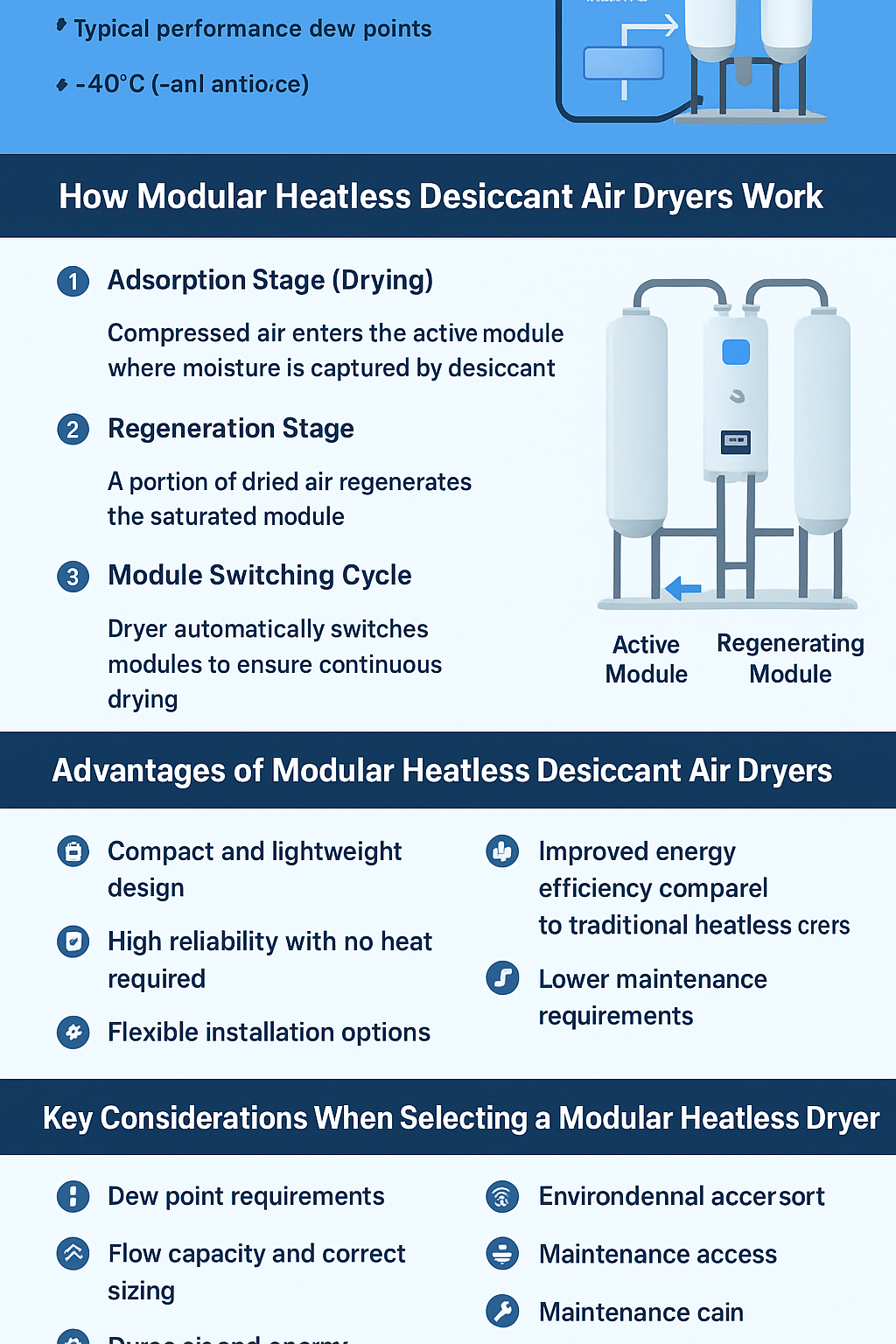 Modular heatless desiccant air dryer infographic showing drying/adsorption, regeneration with purge air, and module switching, plus benefits and selection factors like dew point and flow capacity.