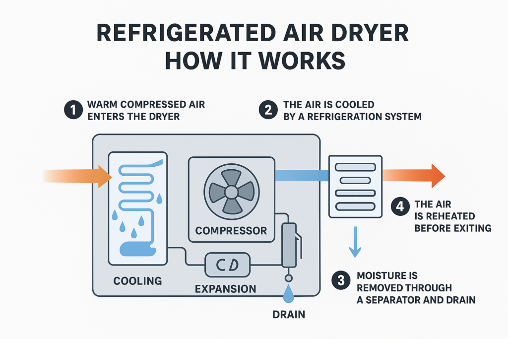 Refrigerated air dryer infographic (how it works and why it matters), defining the dryer and showing steps: hot compressed air in, cooling, moisture removal via separator/drain, then reheating before outlet.